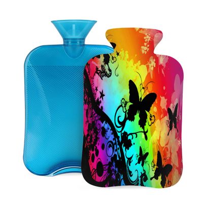 Colorful Art Butterfly Silhouette Hot Water Bottle with Cover, 2L PVC Hot Water Bag with Soft Cover, Reusable Heating Pad for Pain Relief Warm Hands Waist Abdomen Feet & Bed