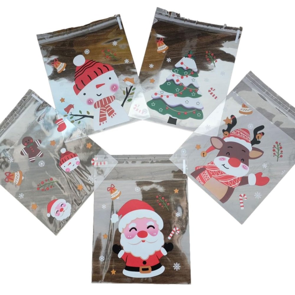 APXXAIBO 100-Pack Christmas OPP Candy Bags - Self-Sealing Cookie & Bakery Packaging for Food Treats (Christmas A 10 * 10 + 3cm1 pack of 100 pcs)