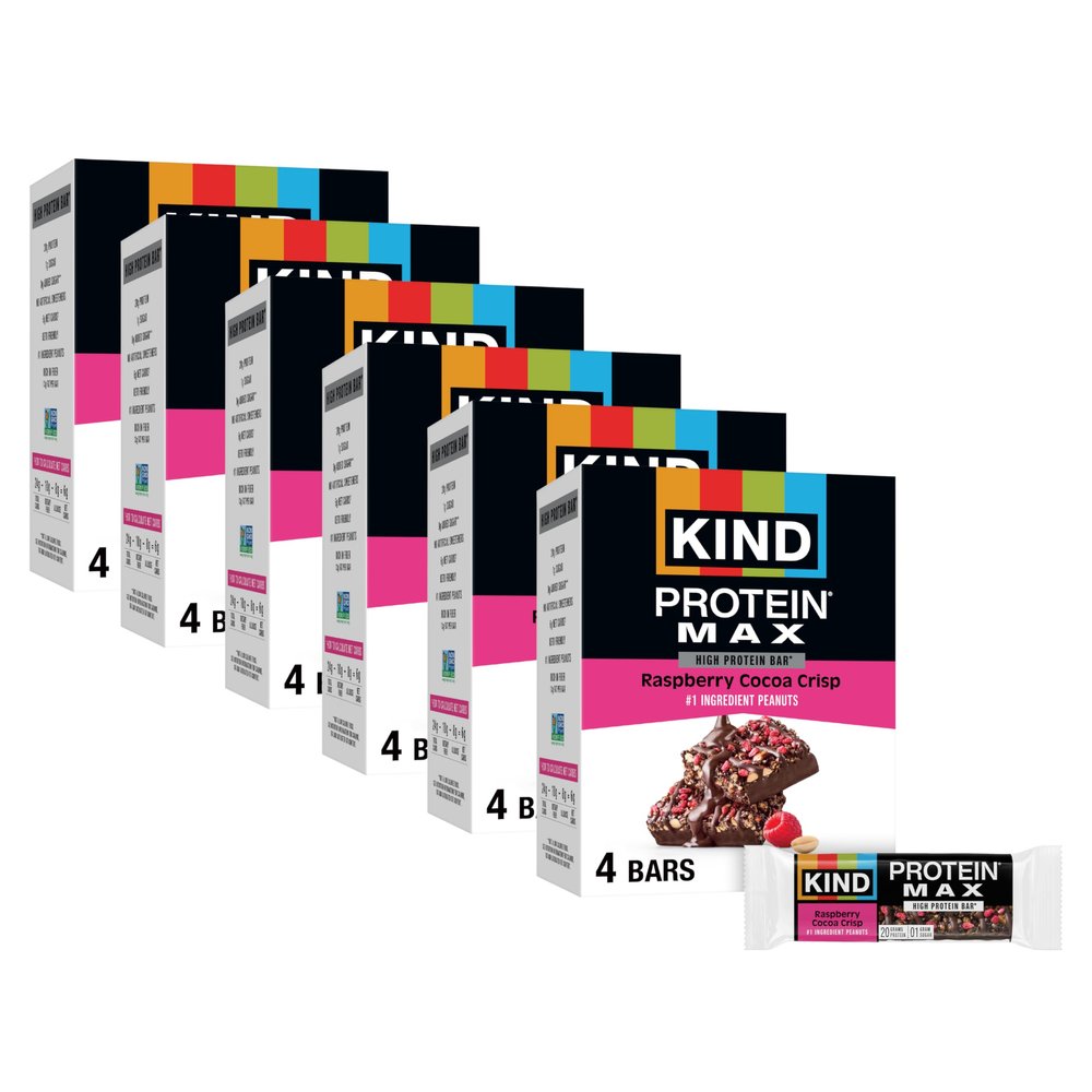 KIND Protein MAX Bars, Raspberry Cocoa Crisp, Gluten Free, Low Sugar, High Fiber Snacks, 20g Protein, 24 Count