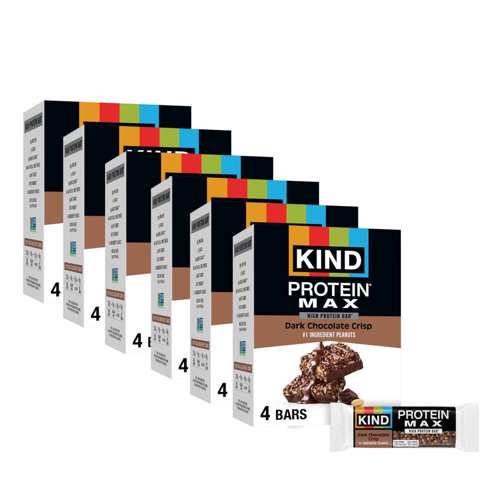KIND Protein MAX Bars, Dark Chocolate Crisp, Gluten Free, Low Sugar, High Fiber Snacks, 20g Protein, 24 Count