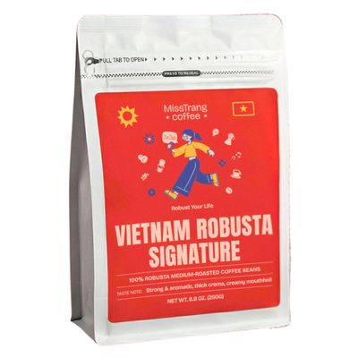 MissTrang Vietnam Robusta for Golden Thick Espresso Crema, Dark Chocolate Notes, Balanced Boldness, Sweet Aftertaste, High Caffeine - Medium Roasted Whole Bean Coffee - Smooth Pour-over & Cold Brew - Crafted for Refined Palate (8.8oz Bag)