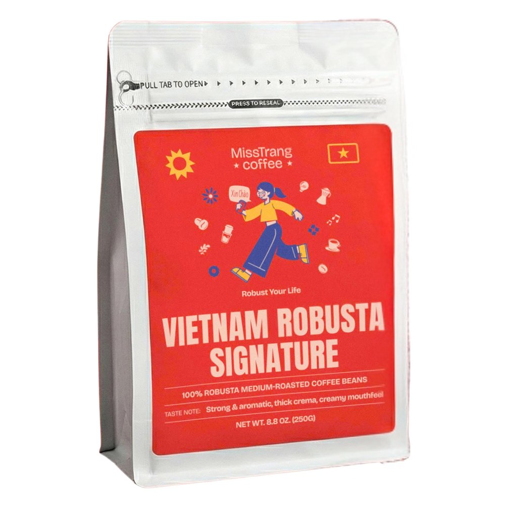 MissTrang Vietnam Robusta for Golden Thick Espresso Crema, Dark Chocolate Notes, Balanced Boldness, Sweet Aftertaste, High Caffeine - Medium Roasted Whole Bean Coffee - Smooth Pour-over & Cold Brew - Crafted for Refined Palate (8.8oz Bag)