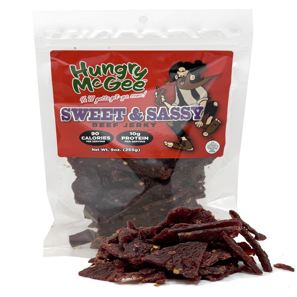 Hungry McGee Beef Jerky Sweet & Spicy 9 oz Resealable Bag - Made in the USA, High Protein Snack, Beef Jerky Sweet & Spicy