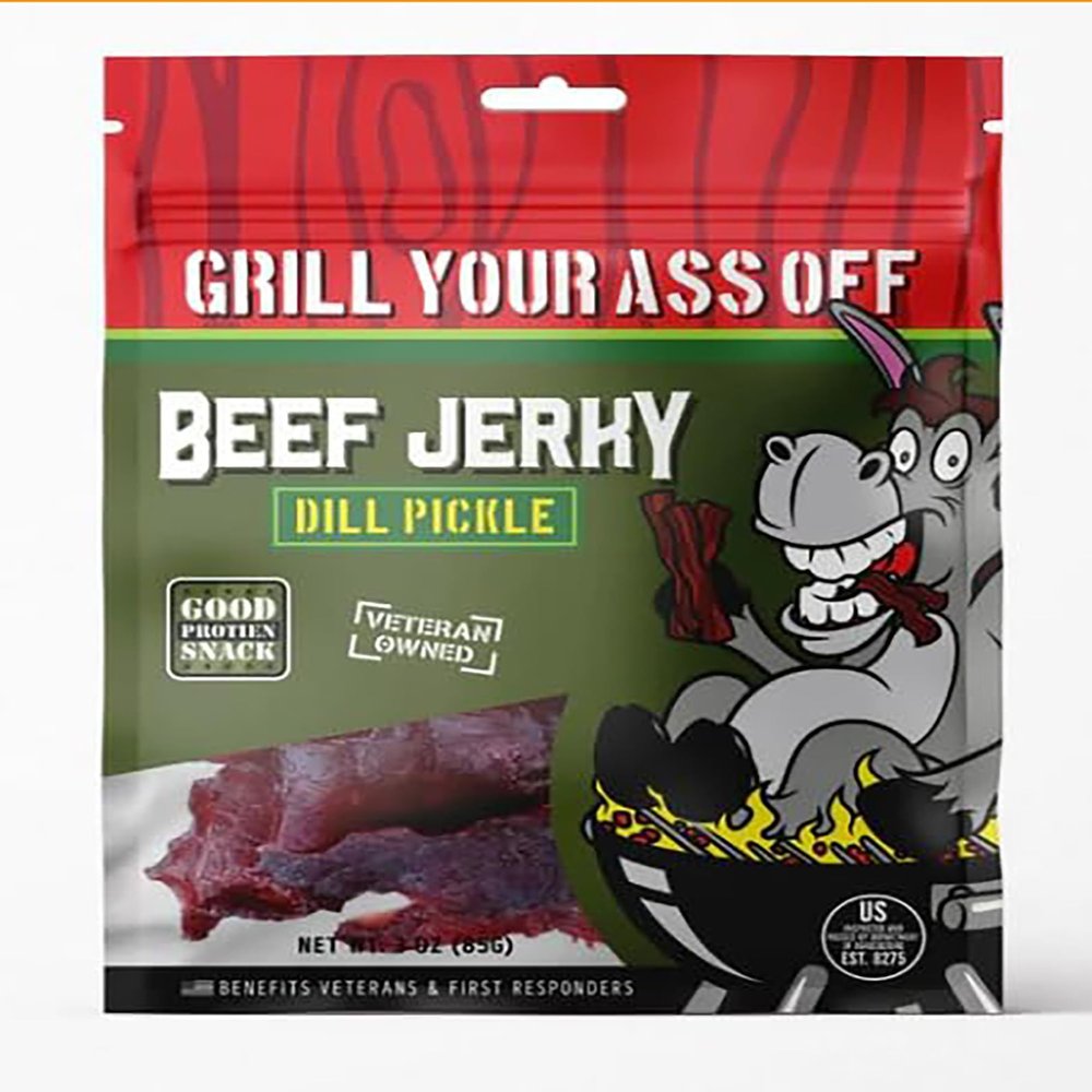 Grill Your As* Off Dill Pickle Beef Jerky 2oz Tangy & Zesty Pickle Flavored Jerky High-Protein Snack for Adults, Keto & On-the-Go Bold Gourmet Beef Jerky, Low Sugar, No MSG, Made in USA, Veteran Owned