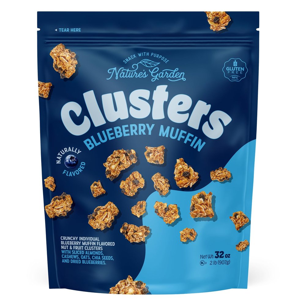 Natures Garden Blueberry Muffin Clusters, 32oz Pouch Big Chunky Nut & Oat Bites with Cashews, Almonds, Chia & Real Blueberries Gluten-Free and Kosher Snacks for Adults & Kids