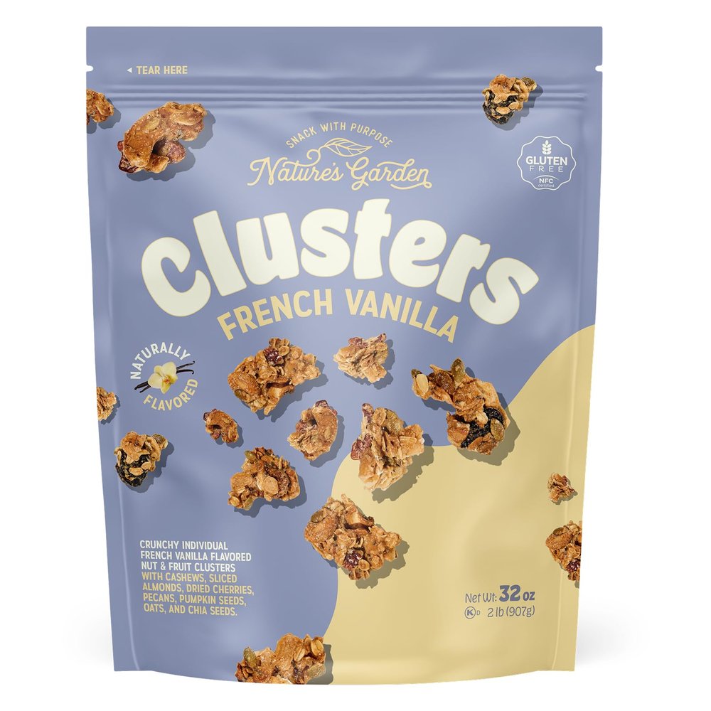 Natures Garden French Vanilla Clusters, 32oz Pouch Chunky Nut, Seed & Cherry Snack Bites Gluten-Free, Kosher, Nutrient-Dense Crunchy Treats for Adults & Kids