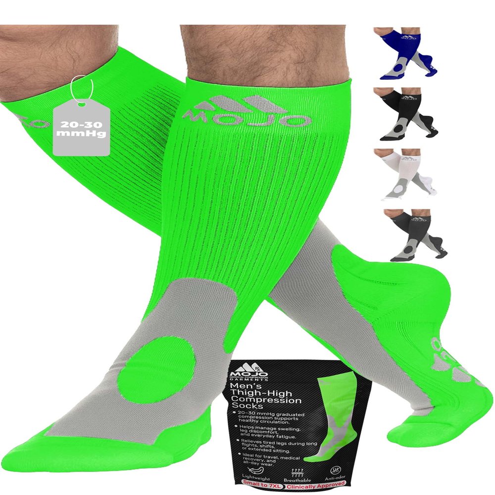 Mojo Compression Socks for Men 20-30 mmHg Knee High Support Stockings for Travel, Sports, Swelling, Varicose Veins & Everyday Recovery, Neon Green, 2X-Large