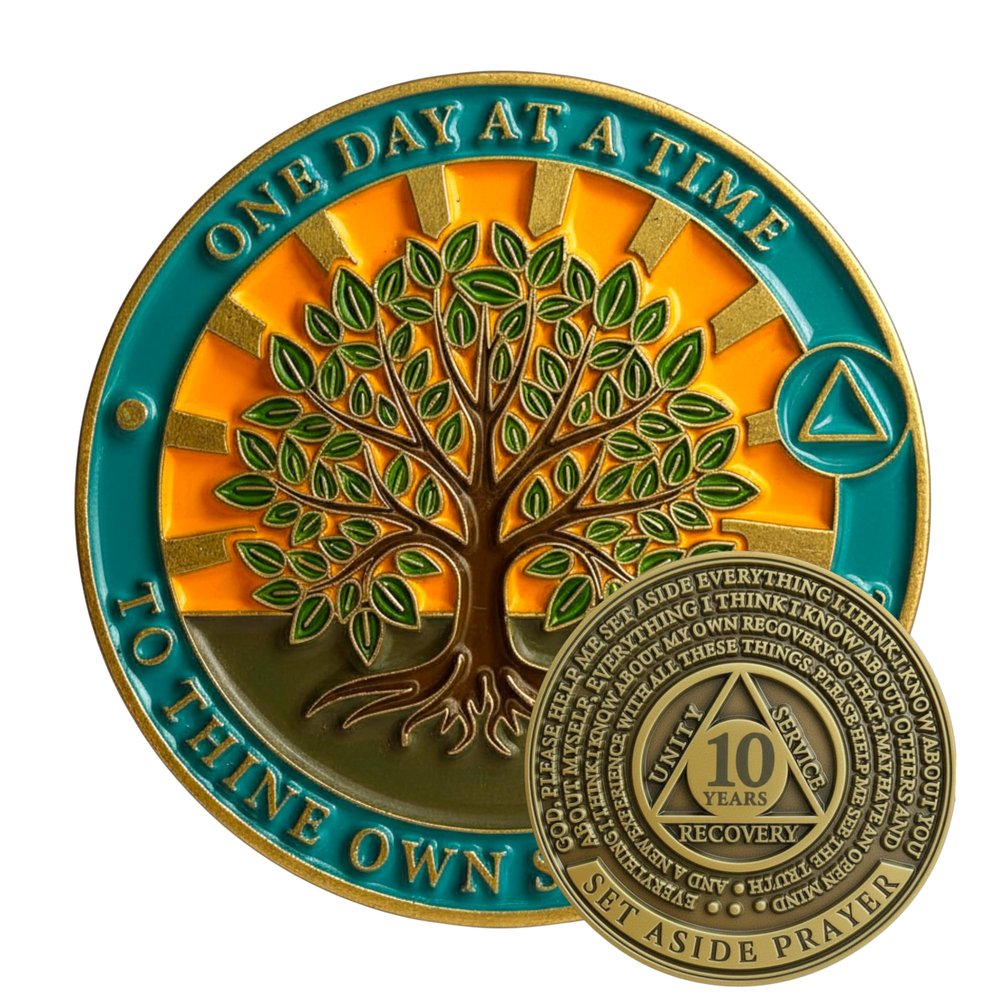 10 Year Tree of Life Sobriety Coin - Set Aside Prayer AA Medallion, Premium Recovery Token for Anniversaries, Sponsor & Sponsee Gifts, Ten Years Sober Milestone Chip for Women and Men