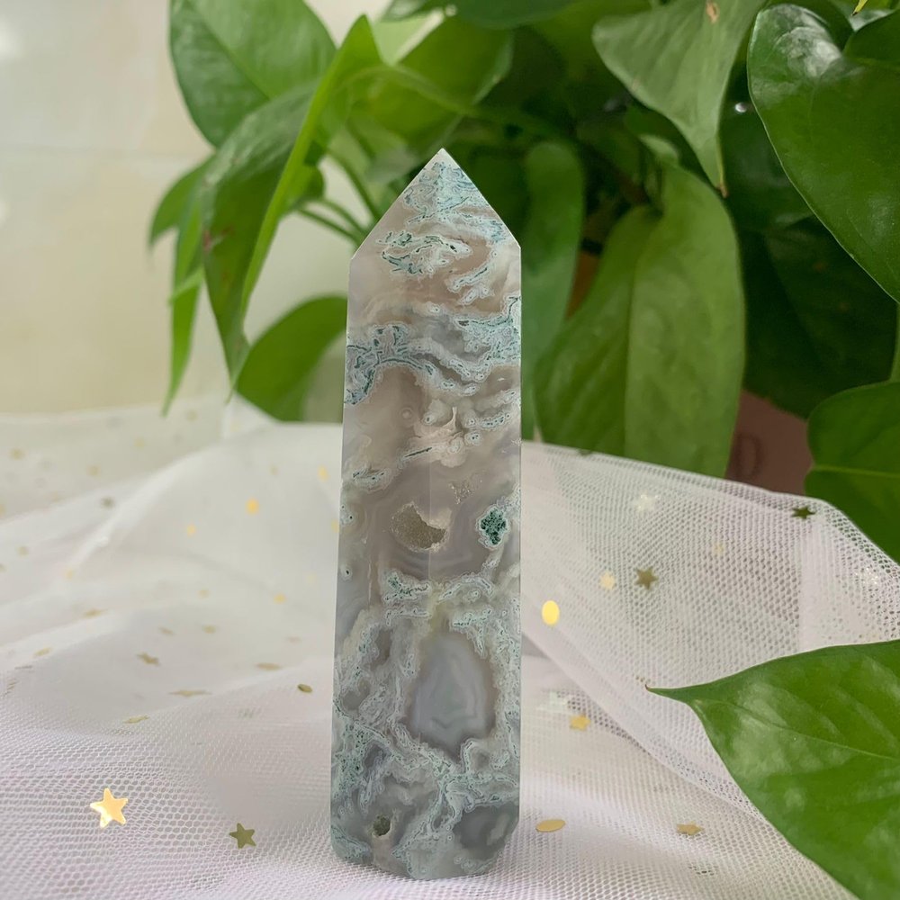 101g Druzy Moss Agate Hexagonal Obelisk Natural Crystal Tower for Healing, Meditation & Spiritual Decor