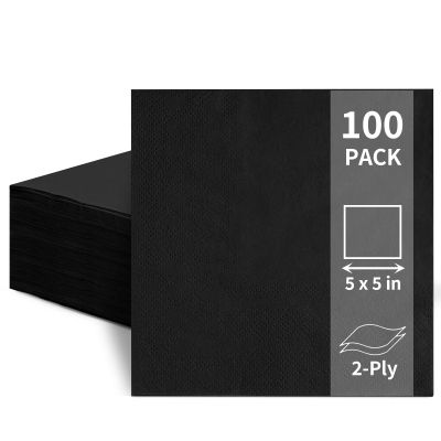 100 Pack Cocktail Napkins Disposable, 2-Ply 5" x 5" Party Napkins, Square Beverage Dinner Napkin for Wedding Birthday Party Anniversary Reception Bar Event (Black)