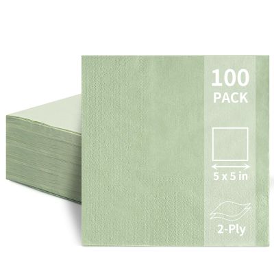 100 Pack Cocktail Napkins, 2-Ply 5x5 Inch Beverage Napkins, Square Edged Disposable Paper Napkins for Wedding, Birthday Party, Dinner, Coffee Bar (Sage Green)