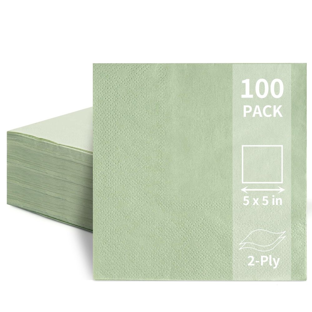 100 Pack Cocktail Napkins, 2-Ply 5x5 Inch Beverage Napkins, Square Edged Disposable Paper Napkins for Wedding, Birthday Party, Dinner, Coffee Bar (Sage Green)