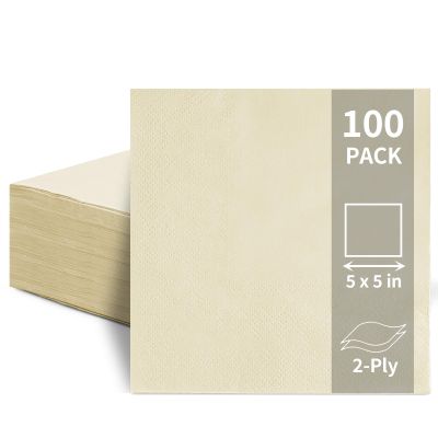 100 Pack Cocktail Napkins Disposable, 2-Ply 5" x 5" Party Napkins, Square Beverage Dinner Napkin for Wedding Birthday Party Anniversary Reception Bar Event (Ivory)