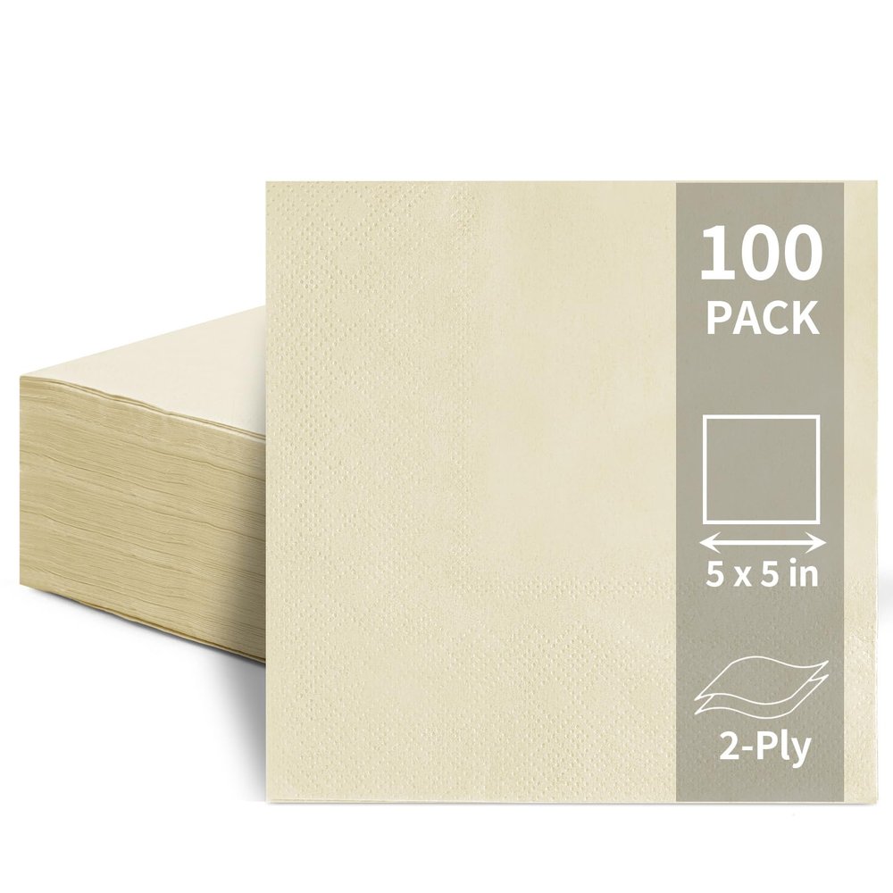 100 Pack Cocktail Napkins Disposable, 2-Ply 5" x 5" Party Napkins, Square Beverage Dinner Napkin for Wedding Birthday Party Anniversary Reception Bar Event (Ivory)