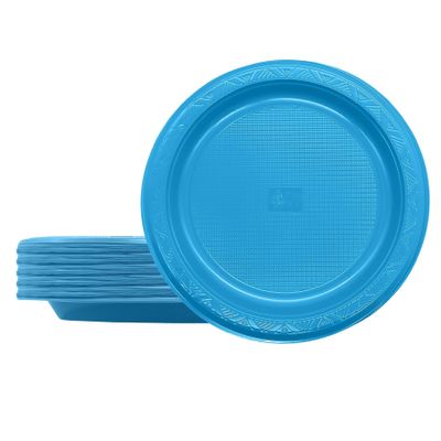 100 Pack Disposable Dessert Plastic Plates,WINCUR Round Food-Grade Polystyrene Party Plates,Premium Sturdy and Elegant for Weddings and Special Events,Fancy Disposable Tableware (Grid light Blue, 10")