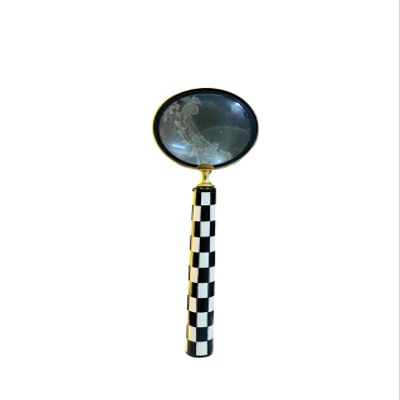 Vintage Brass Magnifying Glass with Checkerboard Handle, 5X Magnification, Black and White, 14 Inch Length, Steampunk Desk Decor