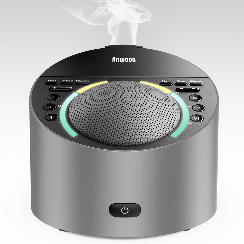 ANWOON Sound Machine with Aroma Diffuser, Premium Metal Shell White Noise Machine, Soothing Night Light, 50+ Natural Sounds for Sleep, Focus, Relaxation, Perfect System for Adults Kids Baby