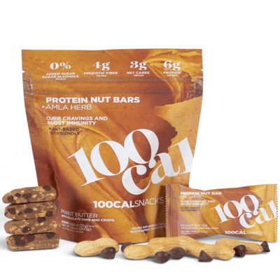 100Cal Snacks Peanut Butter Chocolate Chip Protein Bar, 100 Calorie with 6g Plant Protein, 3g Net Carb, High Fiber Gluten Free Vegan Energy Bar with Amla, Keto Snack Bars 8ct