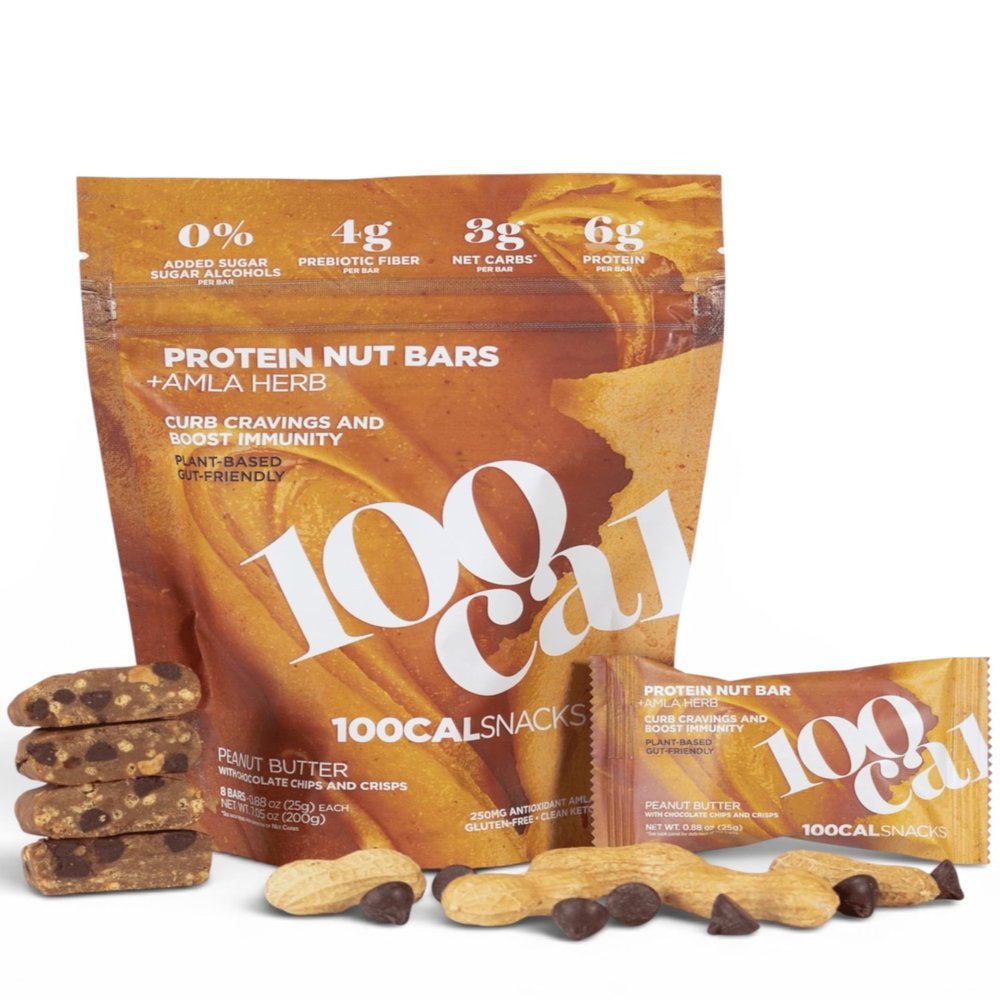 100Cal Snacks Peanut Butter Chocolate Chip Protein Bar, 100 Calorie with 6g Plant Protein, 3g Net Carb, High Fiber Gluten Free Vegan Energy Bar with Amla, Keto Snack Bars 8ct