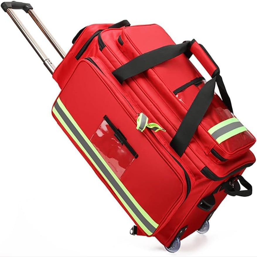Portable First Aid Kit Bag, Large Capacity Outdoor Emergency Medical Duffle, with Multiple Pockets and Compartments, with Reflective and Wheels, for Community Nursing Paramedics Doctors(Red)