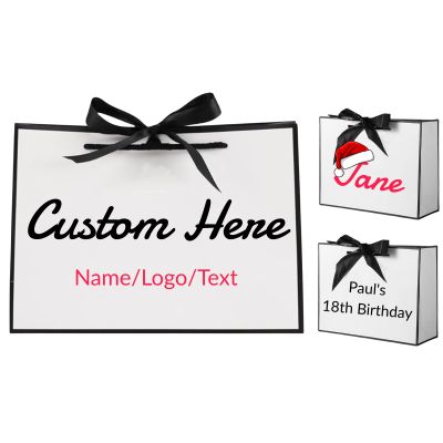 1-100 Pcs Personalized Gift Bag - 12.69.84.3 Inches, Custom Printed Your Name, Logo Party Favour Bags with Handles for Birthday, Wedding, Anniversary, Christmas, Business (White)