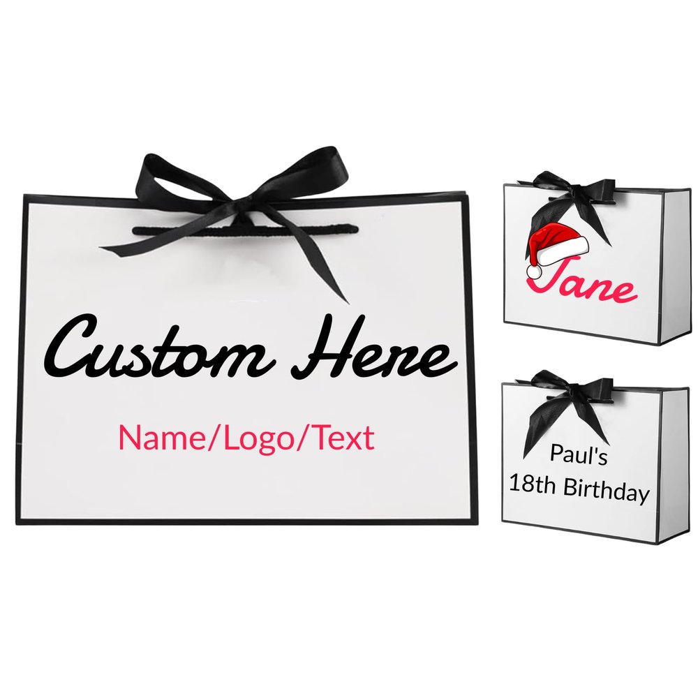 1-100 Pcs Personalized Gift Bag - 12.69.84.3 Inches, Custom Printed Your Name, Logo Party Favour Bags with Handles for Birthday, Wedding, Anniversary, Christmas, Business (White)