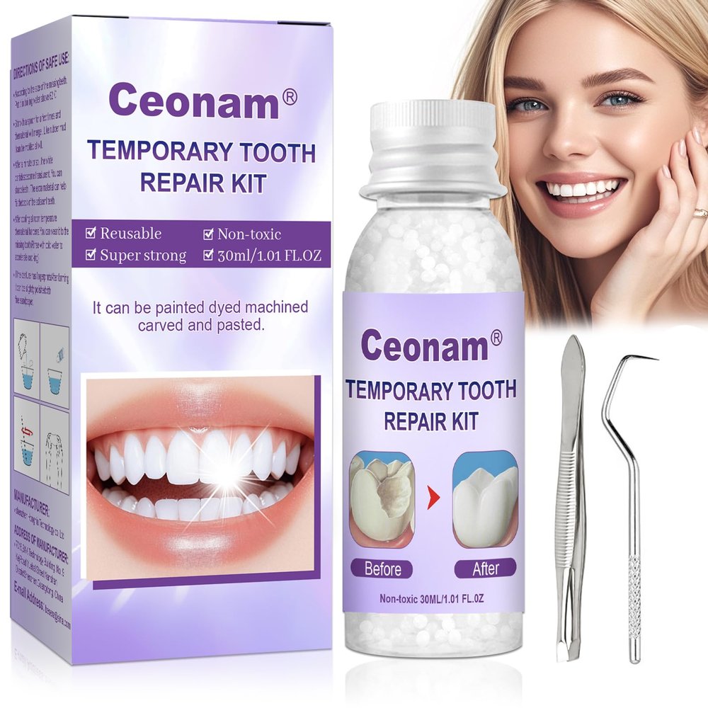 1.0oz / 30ml Moldable Tooth Repair Kit with Stainless Steel Tweezers and Dental Pick, Temporary Tooth Replacement Thermal Beads for Broken or Missing Teeth, Denture Repair, and DIY Oral Care