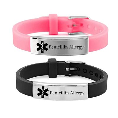 2 Pack Adjustable Silicone Medical Alert Penicillin Allergy Bracelets Emergency ID Wristband for Kids Men Women Personalized Medic Food Allergies Awareness Bangle for Son Daughter Family,with Aid Bag