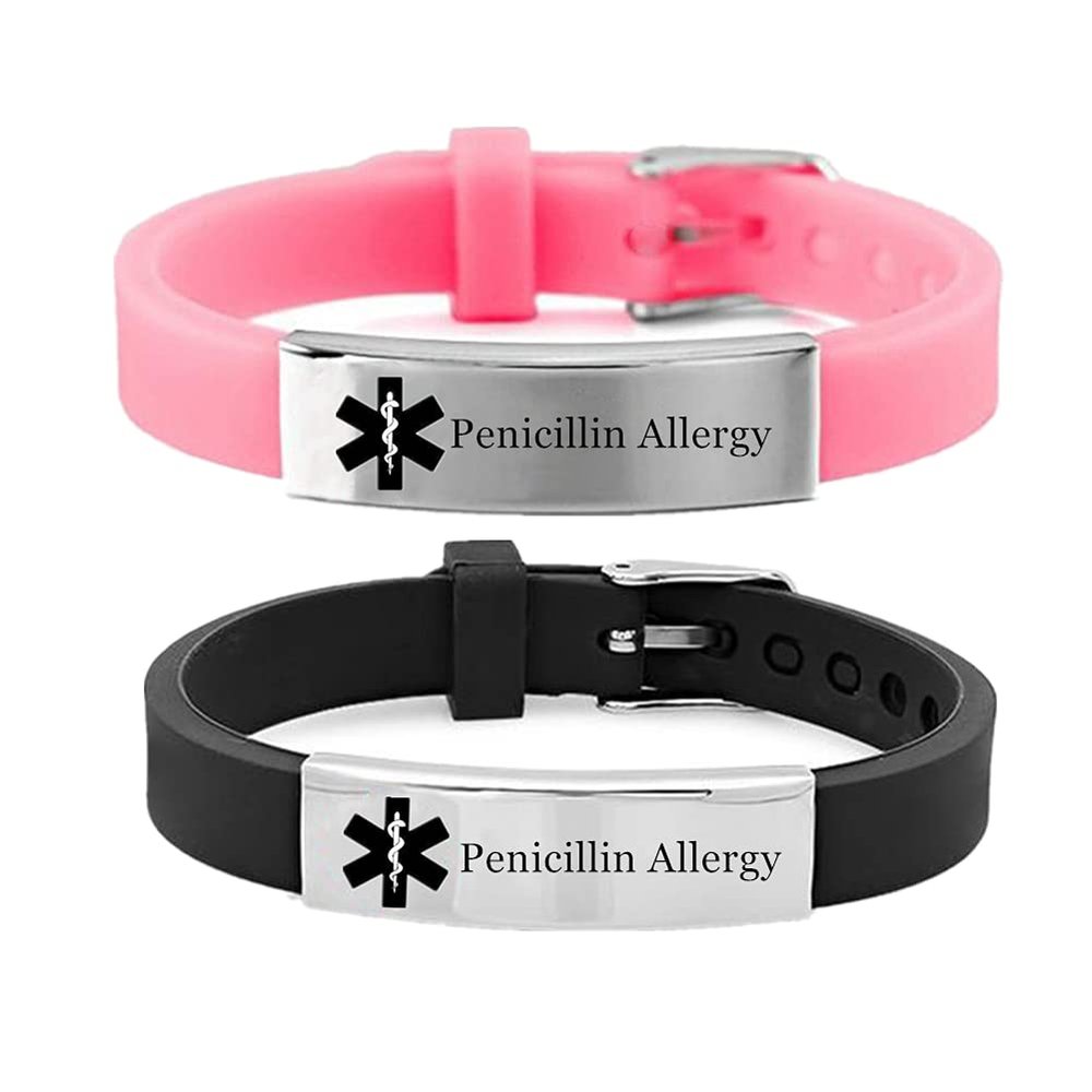 2 Pack Adjustable Silicone Medical Alert Penicillin Allergy Bracelets Emergency ID Wristband for Kids Men Women Personalized Medic Food Allergies Awareness Bangle for Son Daughter Family,with Aid Bag