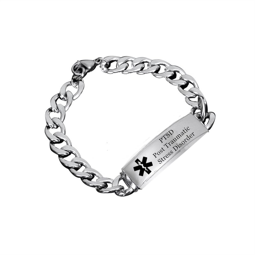 KBNSUIAN Women Men's Medical Alert PTSD Bracelet Personalized Medic ID Bracelets Wrist Cuban Chain Custom ICE Namplate Stainless Steel Identification Jewelry for Emergency, 8.66 inch