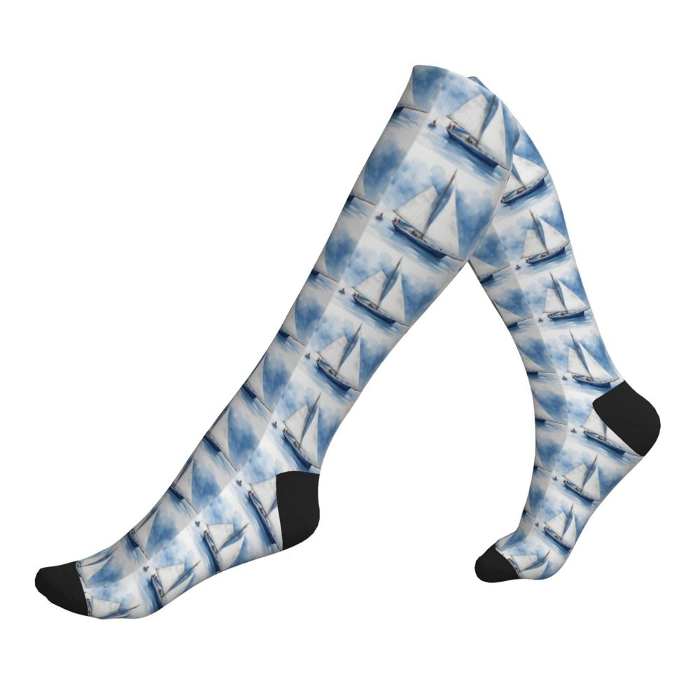 Blue Sailboat 1 Printing 15-20mmhg Compression Socks -Reduces Tension Enhances Blood Flow -Great For Long Flights