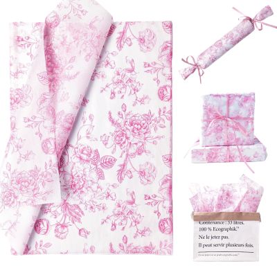 100 Sheets Pink Floral Tissue Paper Bulk Chinoiserie Gift Wrapping Paper for Gift Bags Pink White Flowers Patterned for Baby Shower Wedding Birthday Party Decor, 14 x 20 Inch