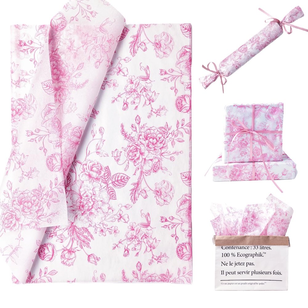 100 Sheets Pink Floral Tissue Paper Bulk Chinoiserie Gift Wrapping Paper for Gift Bags Pink White Flowers Patterned for Baby Shower Wedding Birthday Party Decor, 14 x 20 Inch