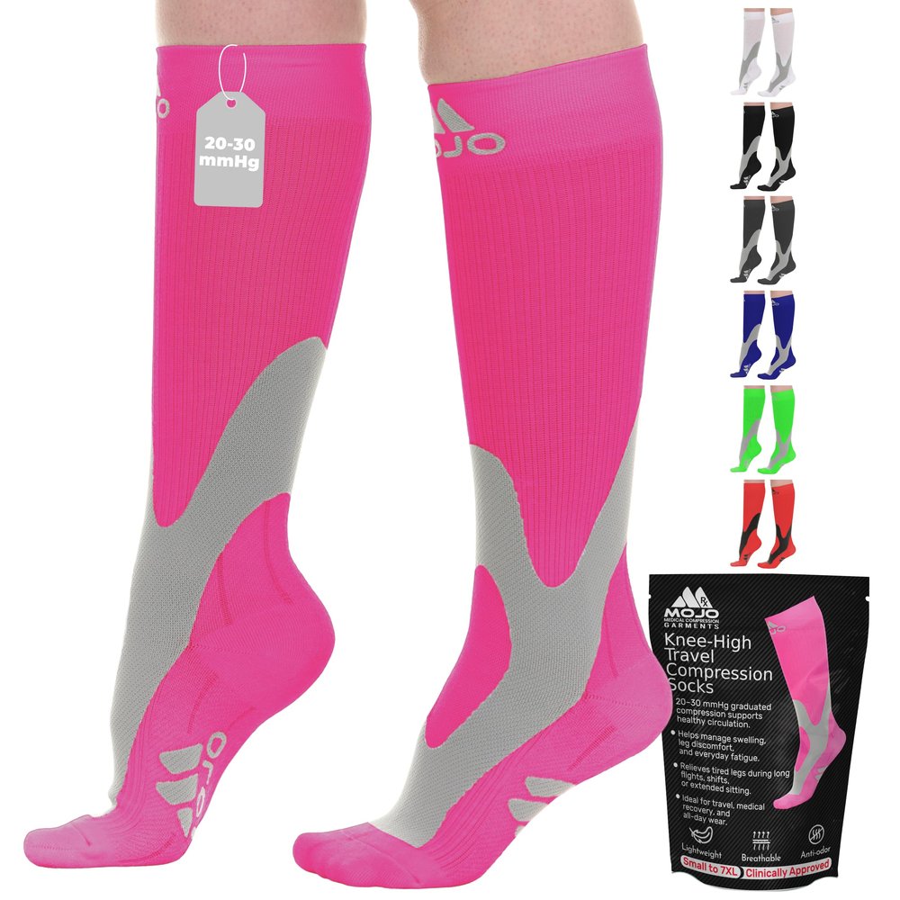 Mojo Travel Flight Socks for Women Compression Socks 20-30 mmHg Knee High for Circulation, Swelling Relief & Comfort on Airplane Travel, Work, Sports & Recovery, Hot Pink, Medium