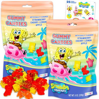Bulk Spongebob Assorted Fruit Gummies (8 Oz) - Pantry Birthday Party Favors Fruit Gummy Candy Snack Pack Bundle with Spongebob Squarepants Character Sweet Treats, Stickers | Bulk Kids Snacks for School Lunch