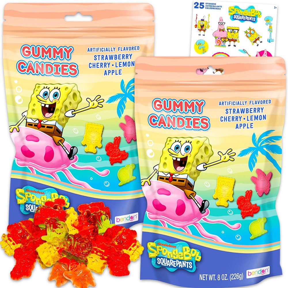 Bulk Spongebob Assorted Fruit Gummies (8 Oz) - Pantry Birthday Party Favors Fruit Gummy Candy Snack Pack Bundle with Spongebob Squarepants Character Sweet Treats, Stickers | Bulk Kids Snacks for School Lunch
