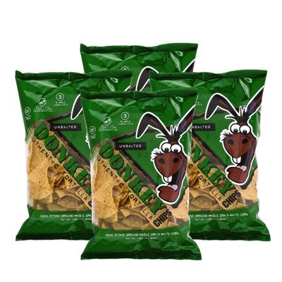 Donkey Chips Unsalted Tortilla Chips, Stone Ground White Corn Chips, Thick-Cut Crunch, Gluten Free Snacks, Healthy Tortilla Chip Variety, No Artificial Preservatives (11 oz, Pack of 4)
