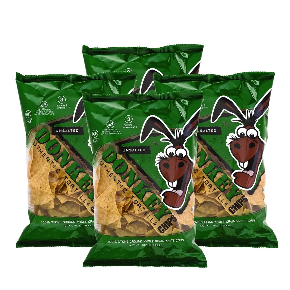 Donkey Chips Unsalted Tortilla Chips, Stone Ground White Corn Chips, Thick-Cut Crunch, Gluten Free Snacks, Healthy Tortilla Chip Variety, No Artificial Preservatives (11 oz, Pack of 4)