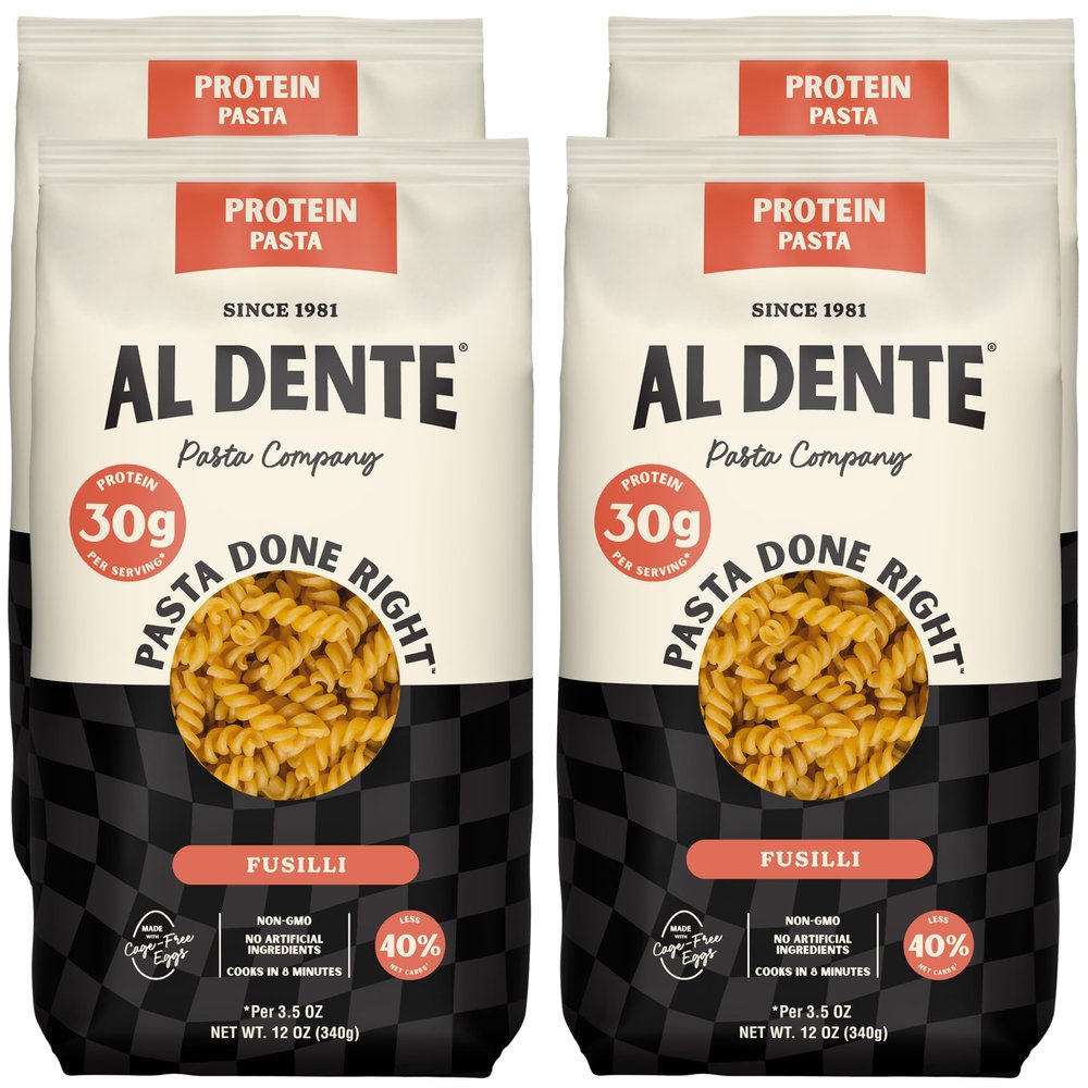 Al Dente Protein Pasta Fusilli 30g High Protein in 3.5oz Serving, Lower Carb, High Fiber. Artisanal Flavor: Cage-Free Eggs & Semolina. (Previously Carba-Nada, Packaging May Vary). 12oz Bags (Pack of 4)