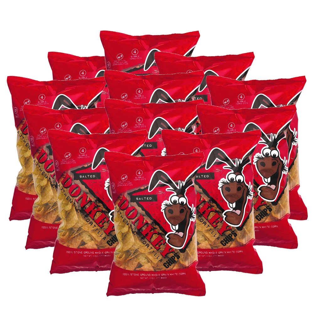 Donkey Chips Tortilla Chips Salted, Stone Ground White Corn Chips, Thick-Cut Crunch, Gluten Free Snacks, Healthy Tortilla Chip Variety, No Artificial Preservatives (11 oz, Pack of 12)
