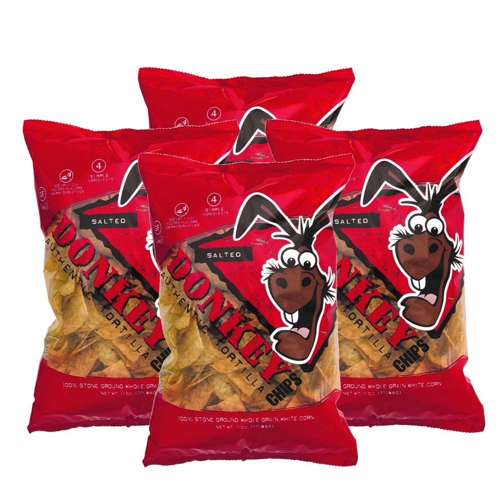 Donkey Chips Tortilla Chips Salted, Stone Ground White Corn Chips, Thick-Cut Crunch, Gluten Free Snacks, Healthy Tortilla Chip Variety, No Artificial Preservatives (11 oz, Pack of 4)