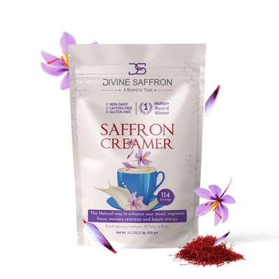Divine Saffron Coffee Mate with Premium Award Winner Saffron | Non-Dairy, Lactose-Free, Gluten-Free | Enhances Mood, Focus & Energy | 16.2 oz (459 g), 114 Servings | Award-Winning Brand