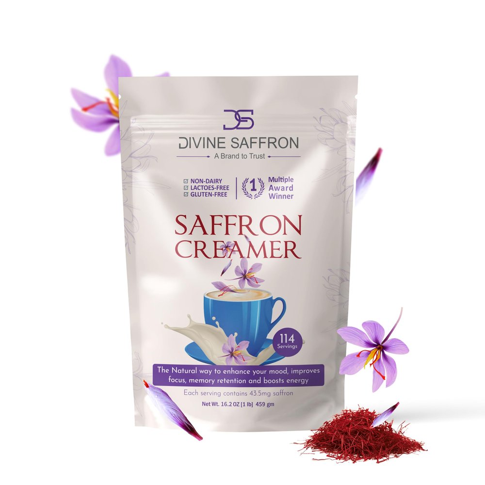 Divine Saffron Coffee Mate with Premium Award Winner Saffron | Non-Dairy, Lactose-Free, Gluten-Free | Enhances Mood, Focus & Energy | 16.2 oz (459 g), 114 Servings | Award-Winning Brand