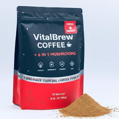 VITALBREW 6in1 Adaptogenic Mushroom Coffee | Clean Energy + Mental Focus | Neuroprotective & Memory Support | Lions Mane (Focus), Cordyceps (Energy), Chaga, Reishi, Turkey Tail, Maitake | Keto, Vegan, Zero Sugar | Premium Functional Blend (30 Serv
