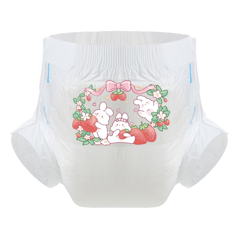 CutiePlusU Adult Diaper 3 Pieces, Adult Diapers Sample, Maximum Overnight Absorbency White Strawberry Rabbit (Large 37"-47")