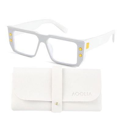 AOOLIA Rectangle Square Reading Glasses for Women Men, Stylish Blue Light Blocking Computer Reader Anti Eyestrain Eyewear (White, 0.5, x)