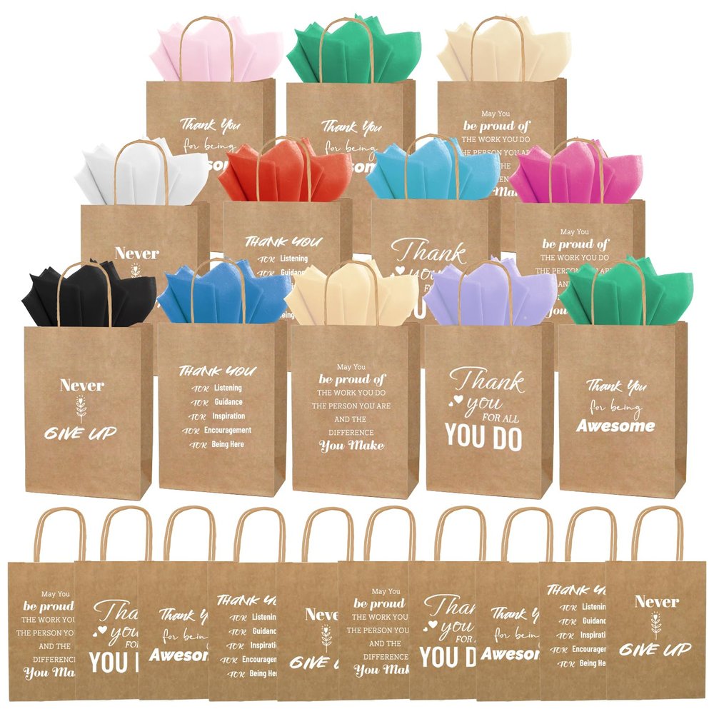 100 Pcs Christmas Employee Appreciation Gift Bags Bulk - Include 50 Paper Bags with Handles (8.3x5.9x3.1 Inch) and 50 Tissue Paper, Gifts for Coworkers, Team, Staff, Offices, Thank You Gifts (Brown)