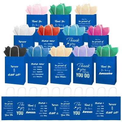 100 Pcs Christmas Employee Appreciation Gift Bags Bulk - Include 50 Paper Bags with Handles (8.3x5.9x3.1 Inch) and 50 Tissue Paper, Gifts for Coworkers, Team, Staff, Offices, Thank You Gifts (Blue)