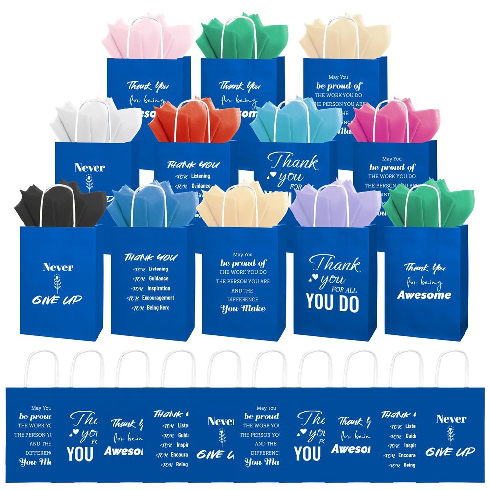 100 Pcs Christmas Employee Appreciation Gift Bags Bulk - Include 50 Paper Bags with Handles (8.3x5.9x3.1 Inch) and 50 Tissue Paper, Gifts for Coworkers, Team, Staff, Offices, Thank You Gifts (Blue)