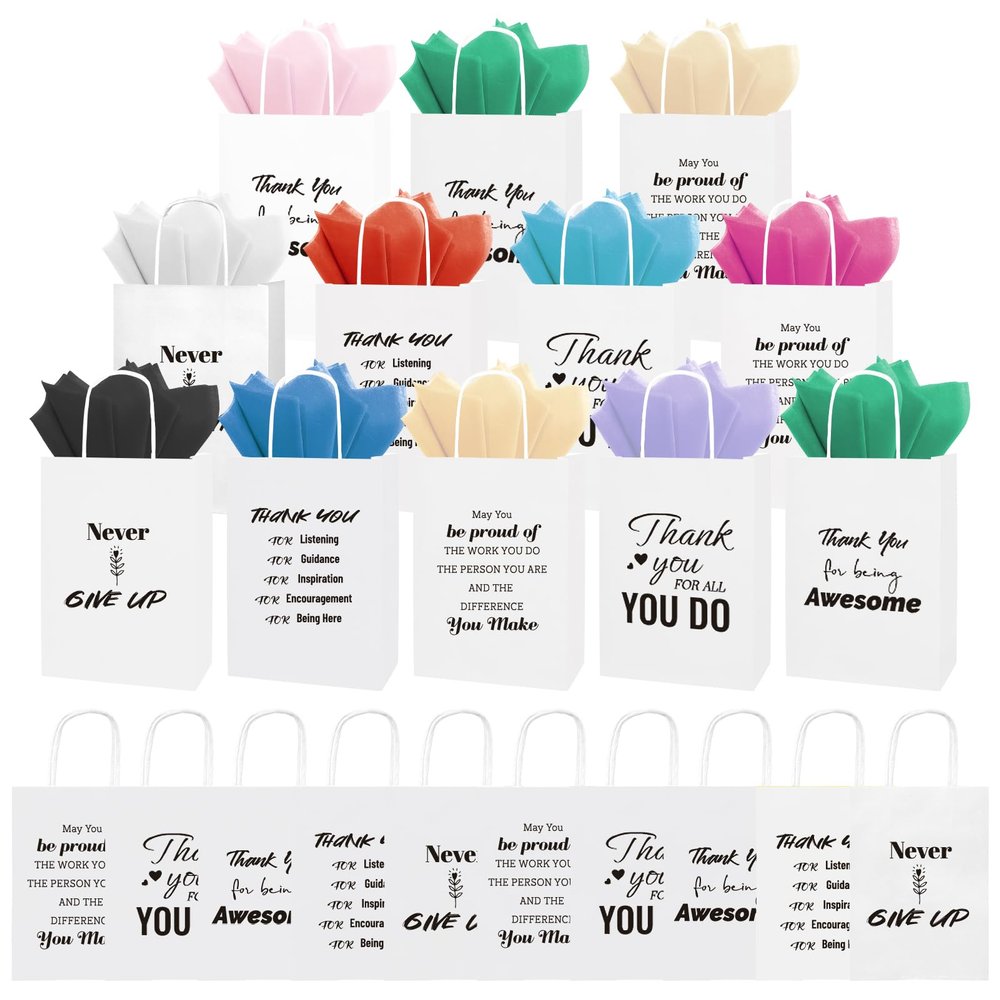 100 Pcs Christmas Employee Appreciation Gift Bags Bulk - Include 50 Paper Bags with Handles (8.3x5.9x3.1 Inch) and 50 Tissue Paper, Gifts for Coworkers, Team, Staff, Offices, Thank You Gifts (White)